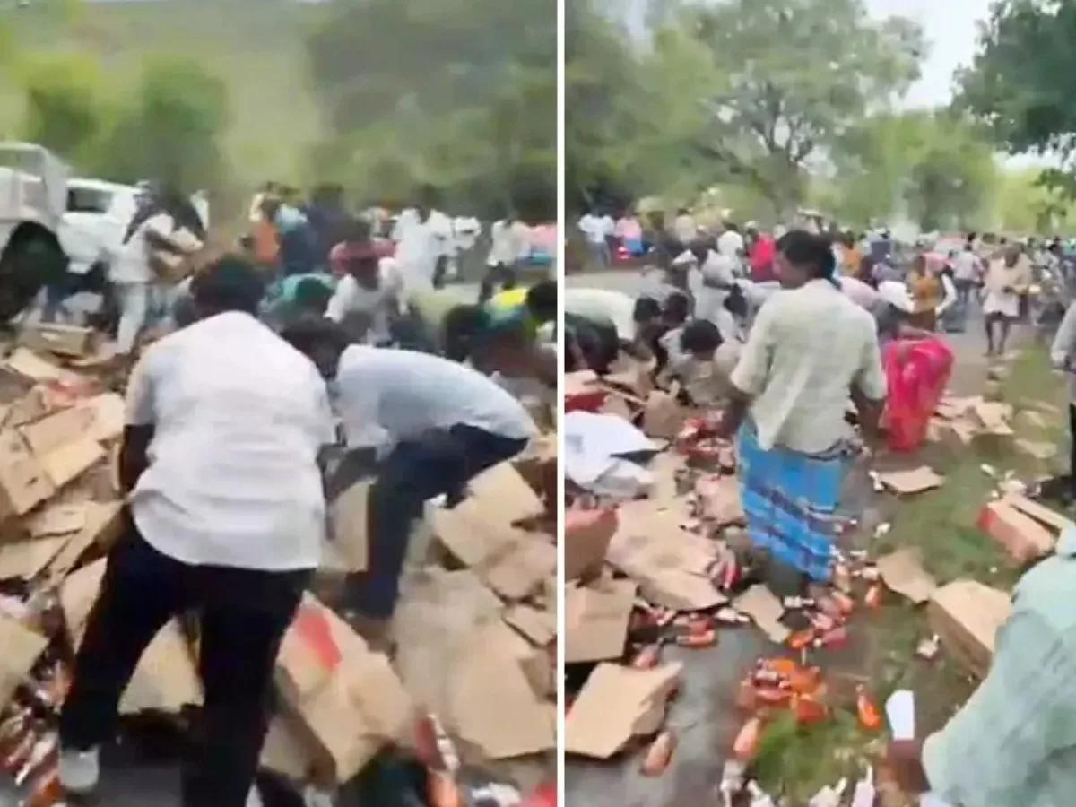 లిక్కర్ వ్యాన్ బోల్తా.. మద్యం లూటీ