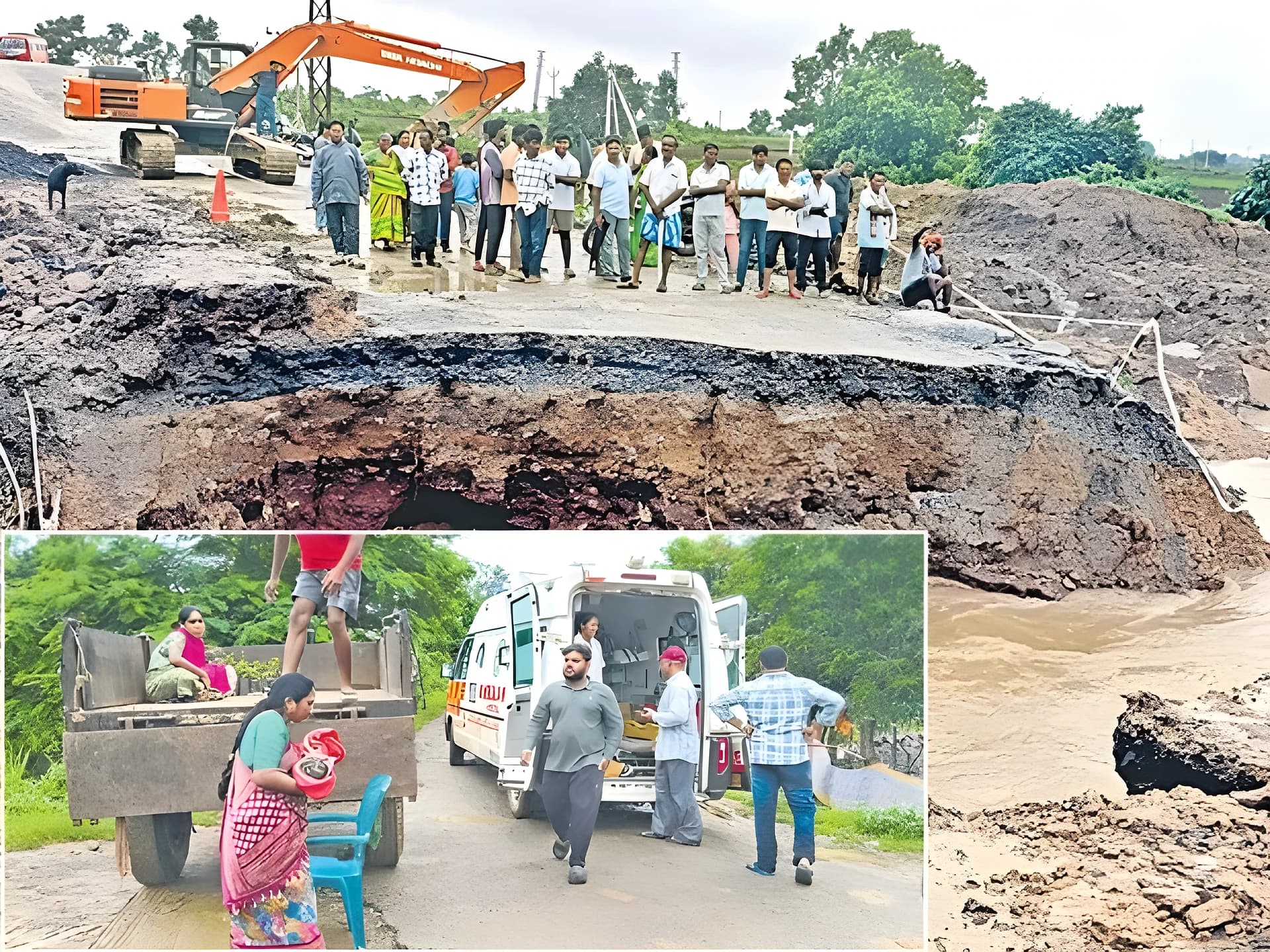 కొట్టుకుపోయిన రోడ్డు.. ట్రాక్టర్‌లో గర్భిణి తరలింపు
