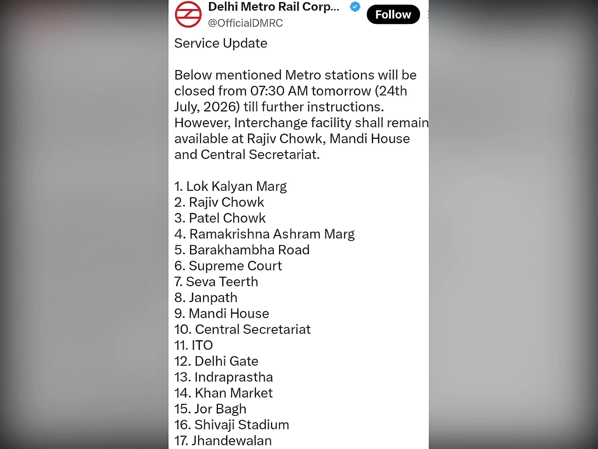 దిల్లీ మెట్రో బిగ్ అలర్ట్..17 మెట్రో స్టేషన్లు బంద్
