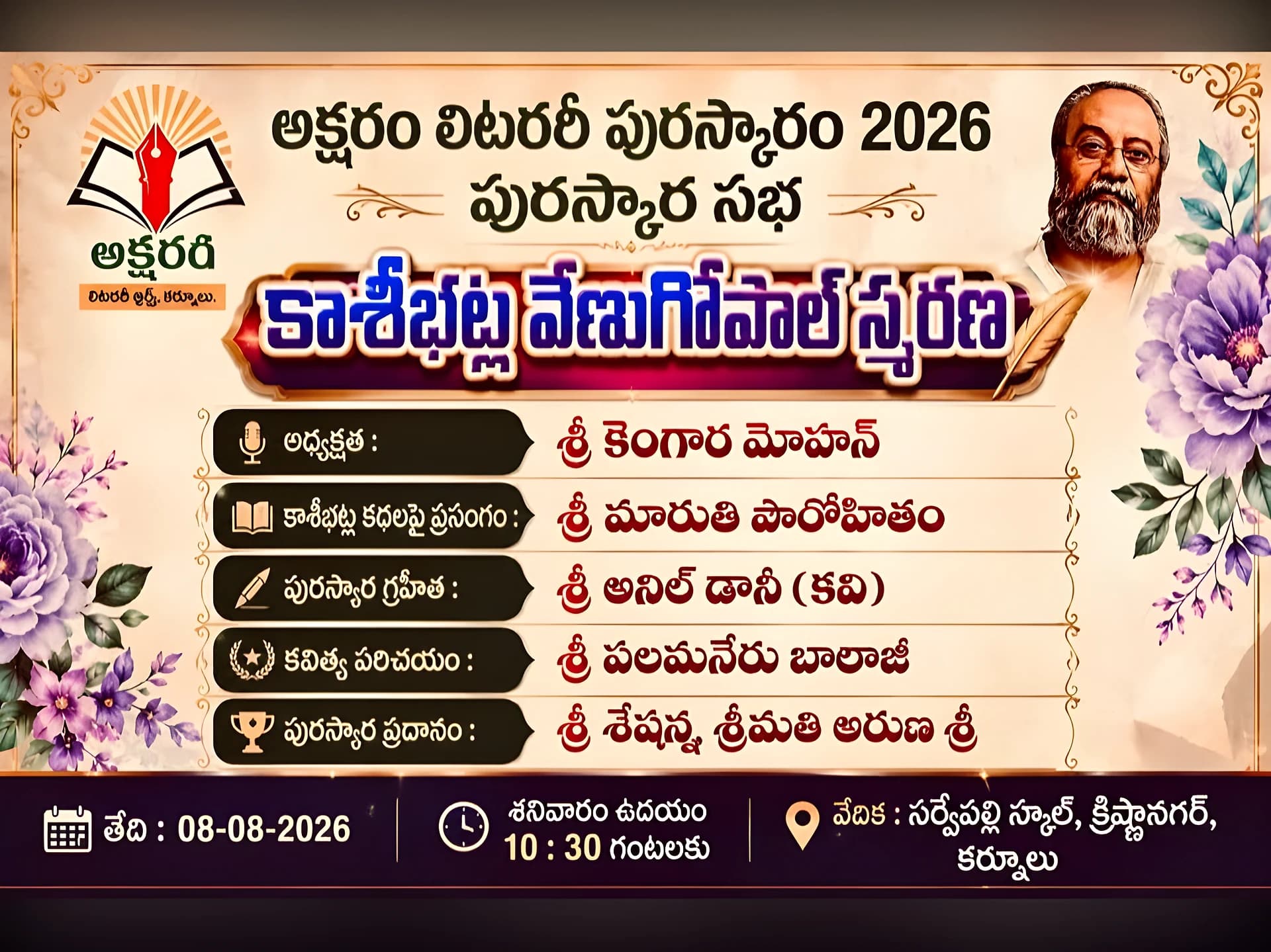 రేపు కర్నూలులో అక్షరం లీటరరీ పురస్కార కార్యక్రమం