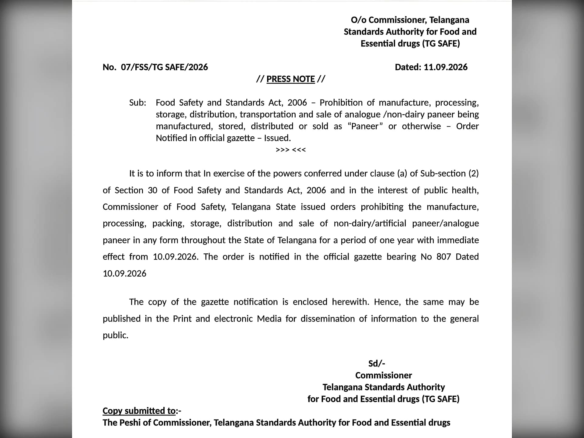 తెలంగాణలో పనీర్ బ్యాన్!
