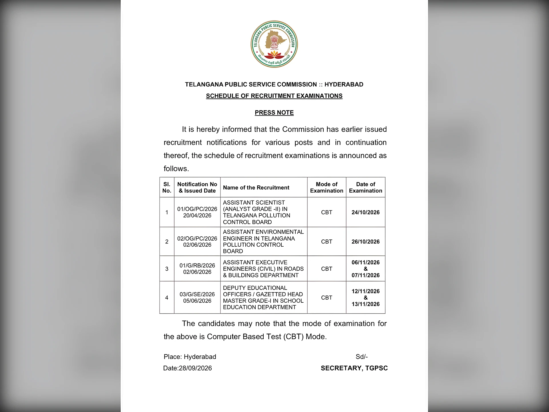 TGPSC ఎగ్జామ్స్‌కు అలర్ట్.. తేదీలు వచ్చేశాయ్!
