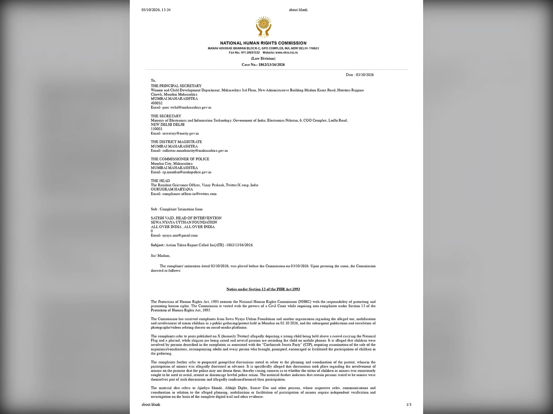 CJP నిరసనలో చిన్నారులు?.. NHRC సీరియస్